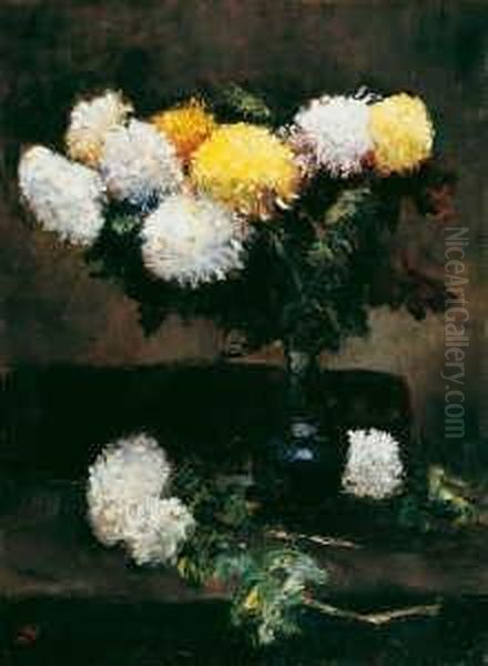 Weise Und Gelbe Chrysanthemen In Blauer Vase Oil Painting by Lesser Ury