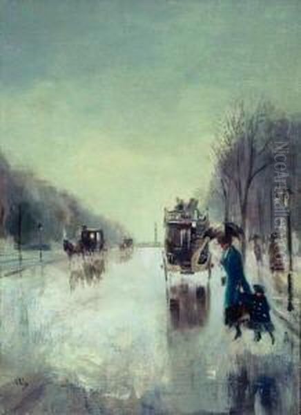 Tiergartenallee Berlin Mit Siegessaule. Oil Painting by Lesser Ury