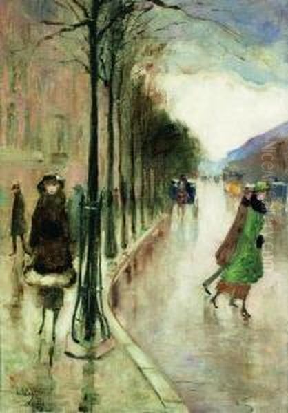 Spaziergangerbim Regen. Oil Painting by Lesser Ury