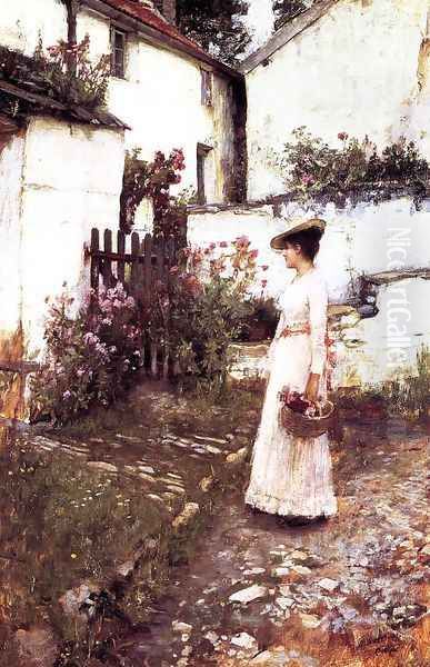 Gathering Summer Flowers in a Devonshire Garden 1893-1910 Oil Painting by John William Waterhouse