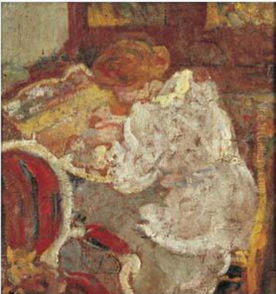 Femme A La Robe Blanche Faisant De La Tapisserie by Louis Valtat