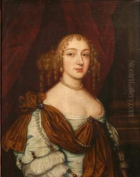 A Portrait Of A Young Lady 
Wearing A White Gown, Red Sash And Pearls Before A Red Curtain Oil Painting by Sir Anthony Van Dyck