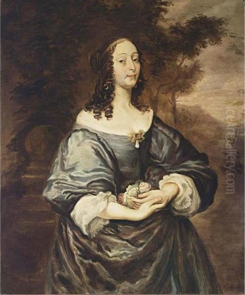 A Portrait Of A Young Lady 
Standing Half-length, Wearing A Green Silk Dress With White Cuffs And 
Holding Flowers In Her Hand Oil Painting by Sir Anthony Van Dyck