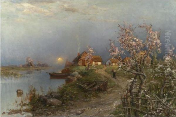 Dusk On The River Aa Oil Painting by Iulii Iul'evich (Julius) Klever