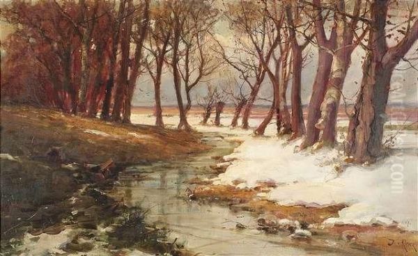 Wintry Landscape With A Brook. Oil/canvas, Signed And Dated Oil Painting by Iulii Iul'evich (Julius) Klever