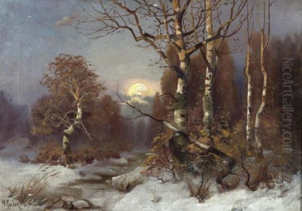 Sonnenuntergang Uber Einem Winterwald. 1897. Oil Painting by Iulii Iul'evich (Julius) Klever