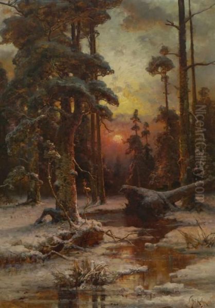 Winterlicher Waldbach Im
 Abendlicht. Oil Painting by Iulii Iul'evich (Julius) Klever