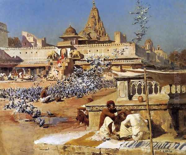 Feeding The Sacred Pigeons Jaipur Oil Painting by Edwin Lord Weeks