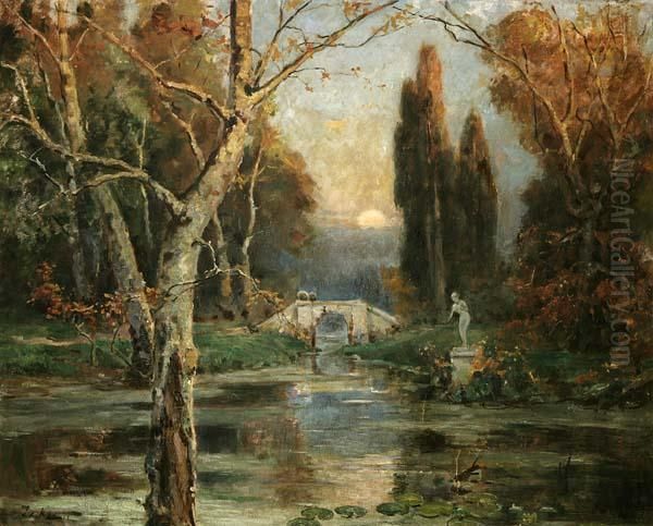 Stimungsvolle Parklandschaft Mit Brucke Und Statue Oil Painting by Iulii Iul'evich (Julius) Klever