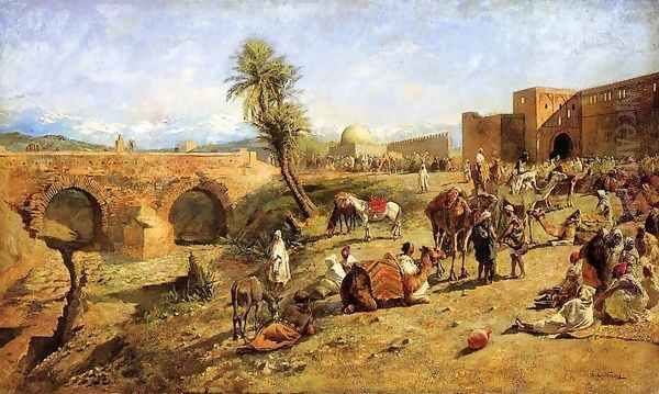 Arrival Of A Caravan Outside The City Of Morocco Oil Painting by Edwin Lord Weeks