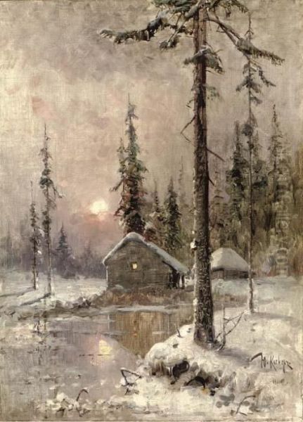 A Winter Scene With Snow-capped Cottages Oil Painting by Iulii Iul'evich (Julius) Klever