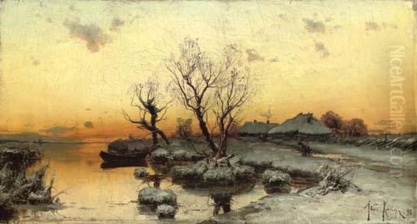 Russian Lakeside In Winter Oil Painting by Iulii Iul'evich (Julius) Klever