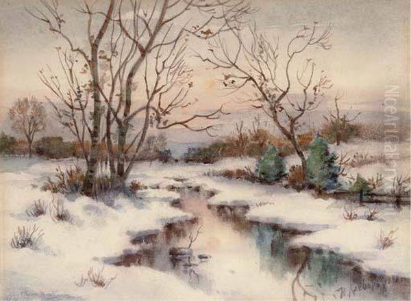 A Stream In A Winter Landscape Oil Painting by Iulii Iul'evich (Julius) Klever