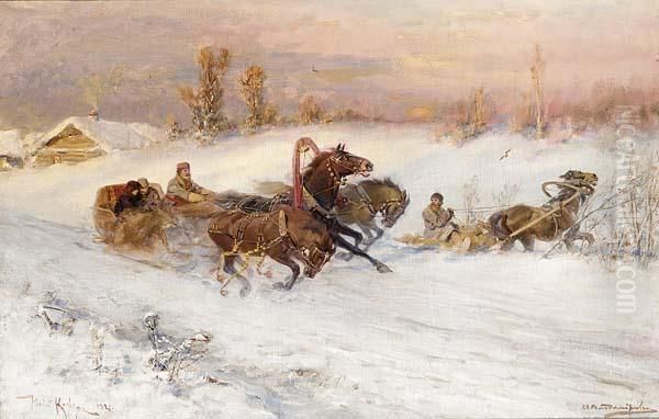 Alexeevich Vladimirov Russian 
(#) A Russian Winterlandscape With Troyka Blocking A Peasants Way Oil Painting by Iulii Iul'evich (Julius) Klever