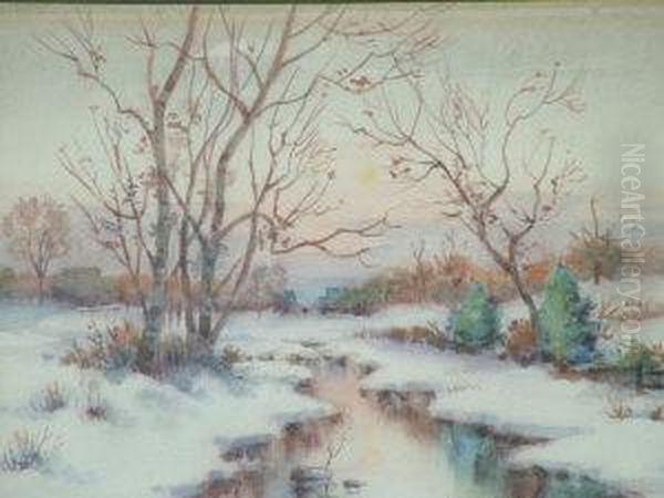 Winter River Landscape; Watercolour, Signed, 14x18.2cm Oil Painting by Iulii Iul'evich (Julius) Klever