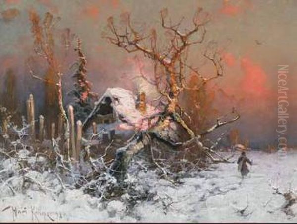 Figure In A Winter Landscape At Sunset Oil Painting by Iulii Iul'evich (Julius) Klever