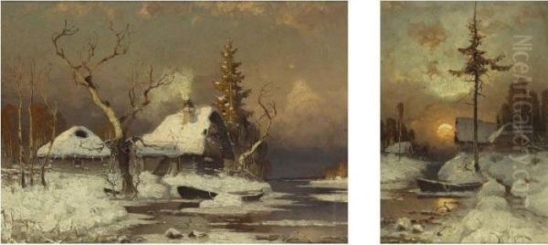 A Pair Of Winter Scenes Oil Painting by Iulii Iul'evich (Julius) Klever