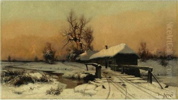 House In Winter Oil Painting by Iulii Iul'evich (Julius) Klever