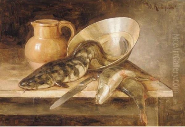 Still Life With Fish Oil Painting by Iulii Iul'evich (Julius) Klever