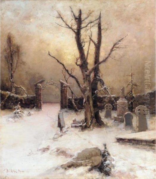 Graveyard In Winter Oil Painting by Iulii Iul'evich (Julius) Klever