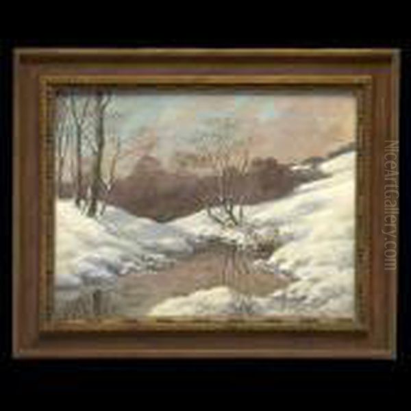 Winter Landscape With Reflective Lake Oil Painting by Iulii Iul'evich (Julius) Klever