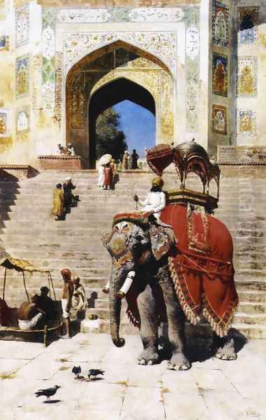 Royal Elephant At The Gateway To The Jami Masjid Mathura Oil Painting by Edwin Lord Weeks