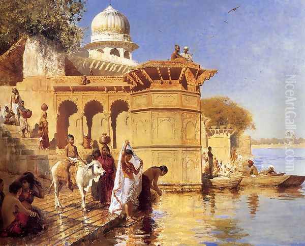 Along the Ghats, Mathura (or Picture Of The Nile) Oil Painting by Edwin Lord Weeks