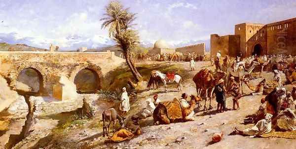 The Arrival Of A Caravan Outside Marakesh The Mountains Of Atlas In The Distance Oil Painting by Edwin Lord Weeks