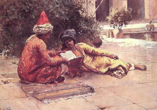 Two Arabs Reading In A Courtyard Oil Painting by Edwin Lord Weeks