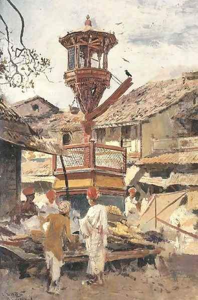 Birdhouse and Market-Ahmedabad, India Oil Painting by Edwin Lord Weeks