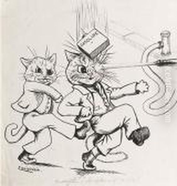 'everything Happens At Once': Cats Fighting At A Petrolstation by Louis William Wain