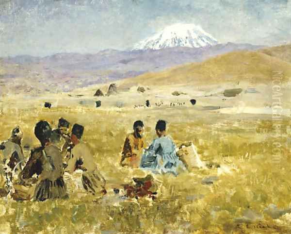 Persians lunching on the Grass, Mt. Ararat in the Distance Oil Painting by Edwin Lord Weeks