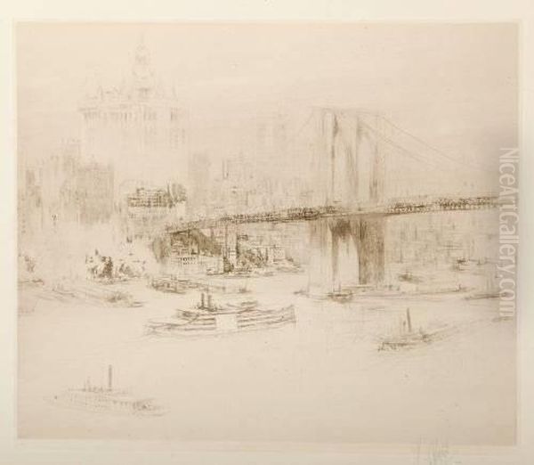 View Of New York From Brooklyn Bridge Oil Painting by William Walcot