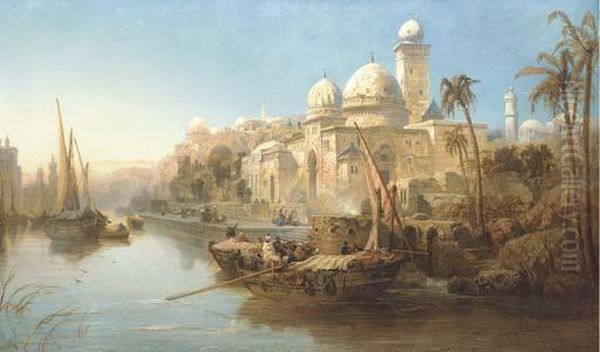 Vessels Moored At The Steps Of A Moorish Palace Oil Painting by James Webb