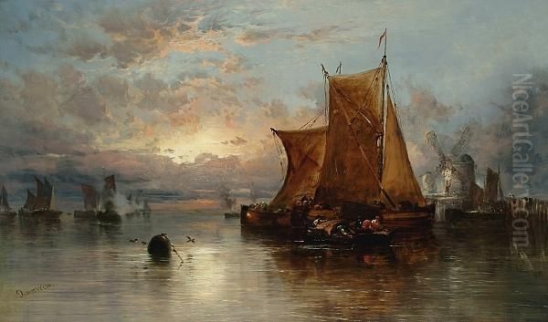 A Dutch Harbour Sunset With Figures And Fishing Boats Oil Painting by James Webb