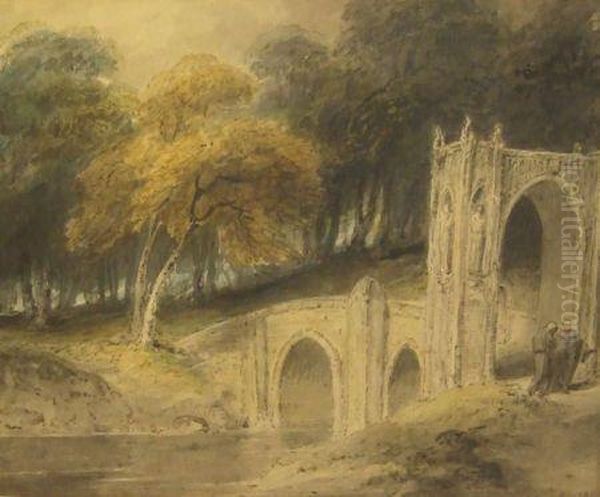 Monk Standing By A Stone Archway With Bridge Over River With Trees Beyond Oil Painting by Richard Westall