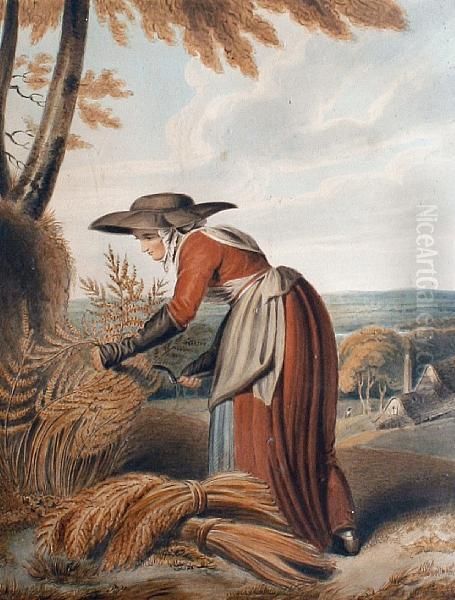 A Young Woman Harvesting Corn Oil Painting by Richard Westall