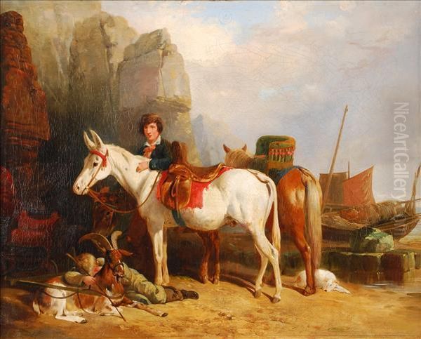 Figures On A Beach, With Ponies And Fishing Boats Oil Painting by Richard Westall