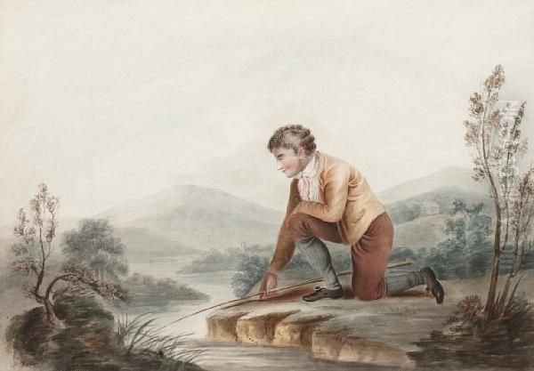 Young Man With A Fishing Rod By A Stream Oil Painting by Richard Westall