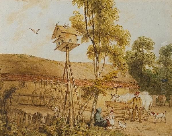 An Old Lady Sitting By A Tree; A Farmyard Scene With Dove Roosting Overhead Oil Painting by Richard Westall