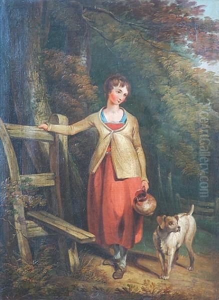 Maid With Milk Jug And Dog Resting By The Stile Oil Painting by Richard Westall