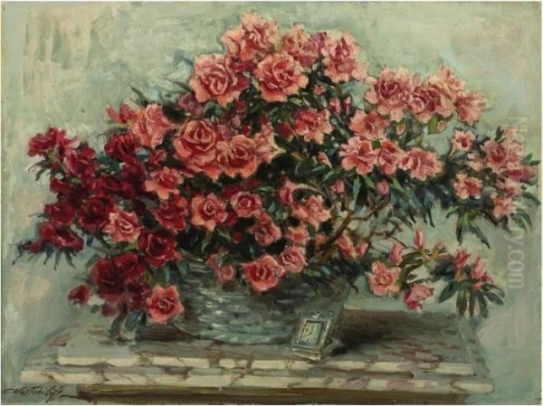 Still Life With Pink Roses Oil Painting by Constantin Alexandr. Westchiloff