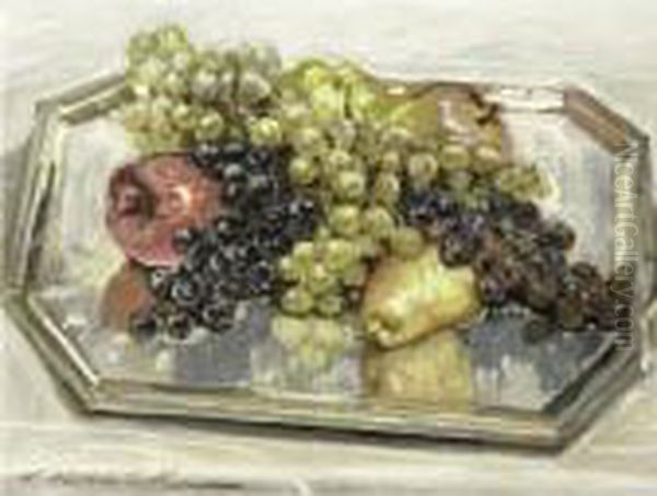 Still Life Of Fruit On A Silver Tray Oil Painting by Constantin Alexandr. Westchiloff