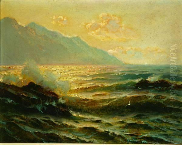 Waves Crashing Into The Mountains Oil Painting by Constantin Alexandr. Westchiloff