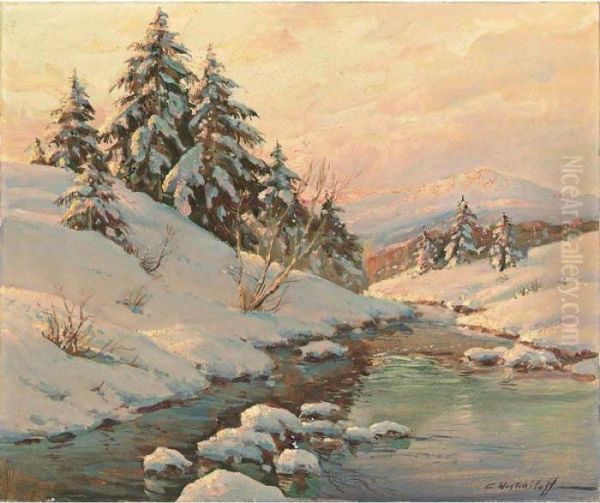 Winter Landscape With Golden Sunlight Oil Painting by Constantin Alexandr. Westchiloff