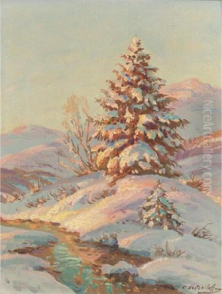 Pine Tree In The Snow Oil Painting by Constantin Alexandr. Westchiloff