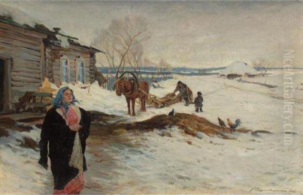 Russian Village Scene Oil Painting by Constantin Alexandr. Westchiloff