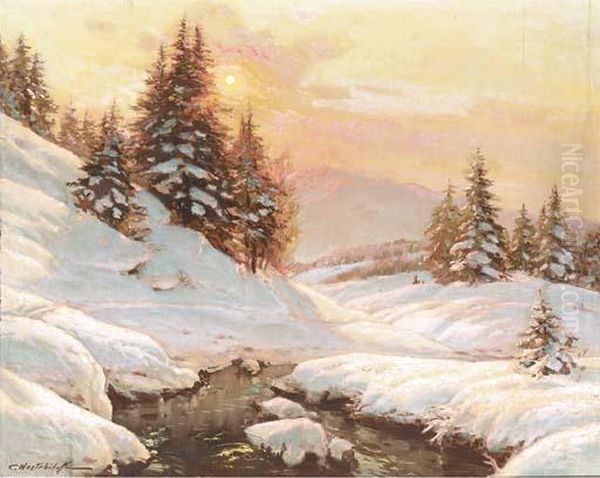 Winter Sunset Oil Painting by Constantin Alexandr. Westchiloff