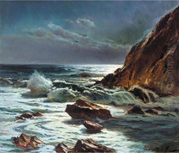 Waves On A Moonlit Shore Oil Painting by Constantin Alexandr. Westchiloff