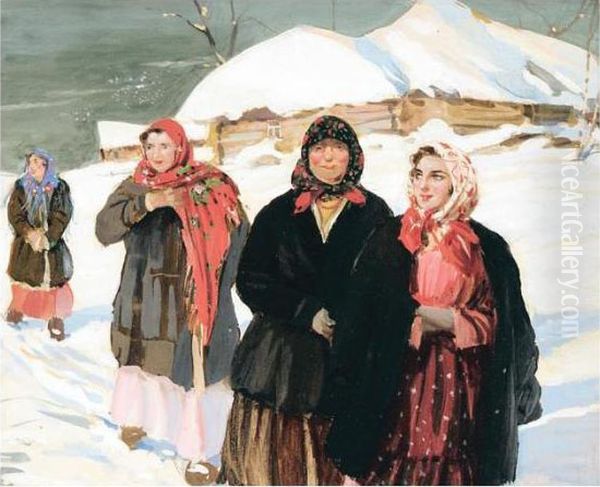 Walking In The Snow Oil Painting by Constantin Alexandr. Westchiloff